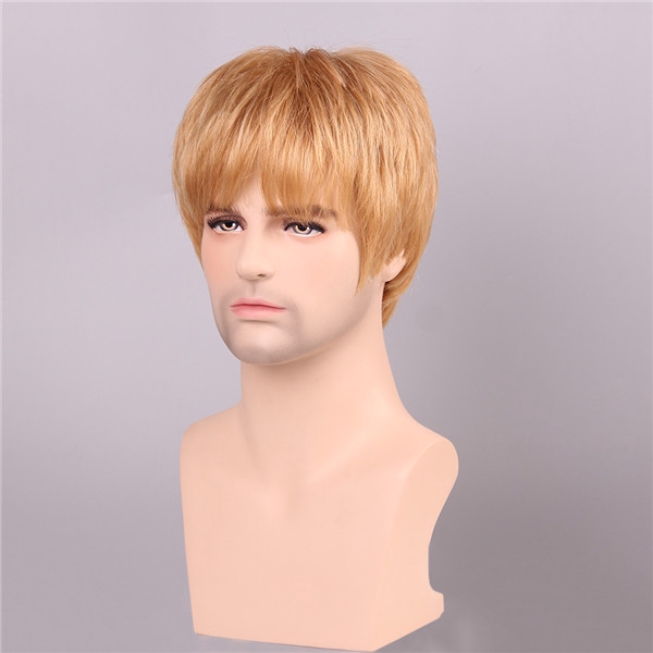 Yakes Men Human Hair Wigs Golden Brown With Blonde Short Mono Top