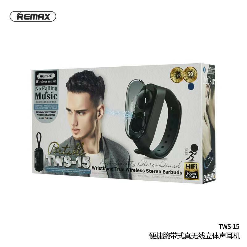 Remax TWS-15 หูฟังบลูทูธ ตัวเล็ก กะทัดรัด เสียงดี ใส่ง่ายไม่เจ็บหู มีสายริสแบนด์ใส่ที่