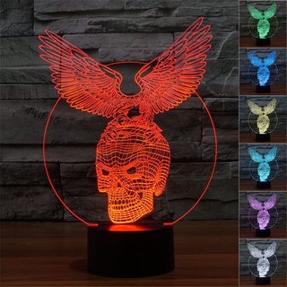 โคมไฟตั้งโต๊ะ LED รูปนกอินทรีย์ กะโหลก 3D ไล่โทนสี 7 สี USB