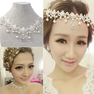 sunnyheart ชุดแต่งงานแบบเจ้าสาวหัวเข็มขัดรัดอก Rhinestone FauxPearl Lace FloralChoker Necklace