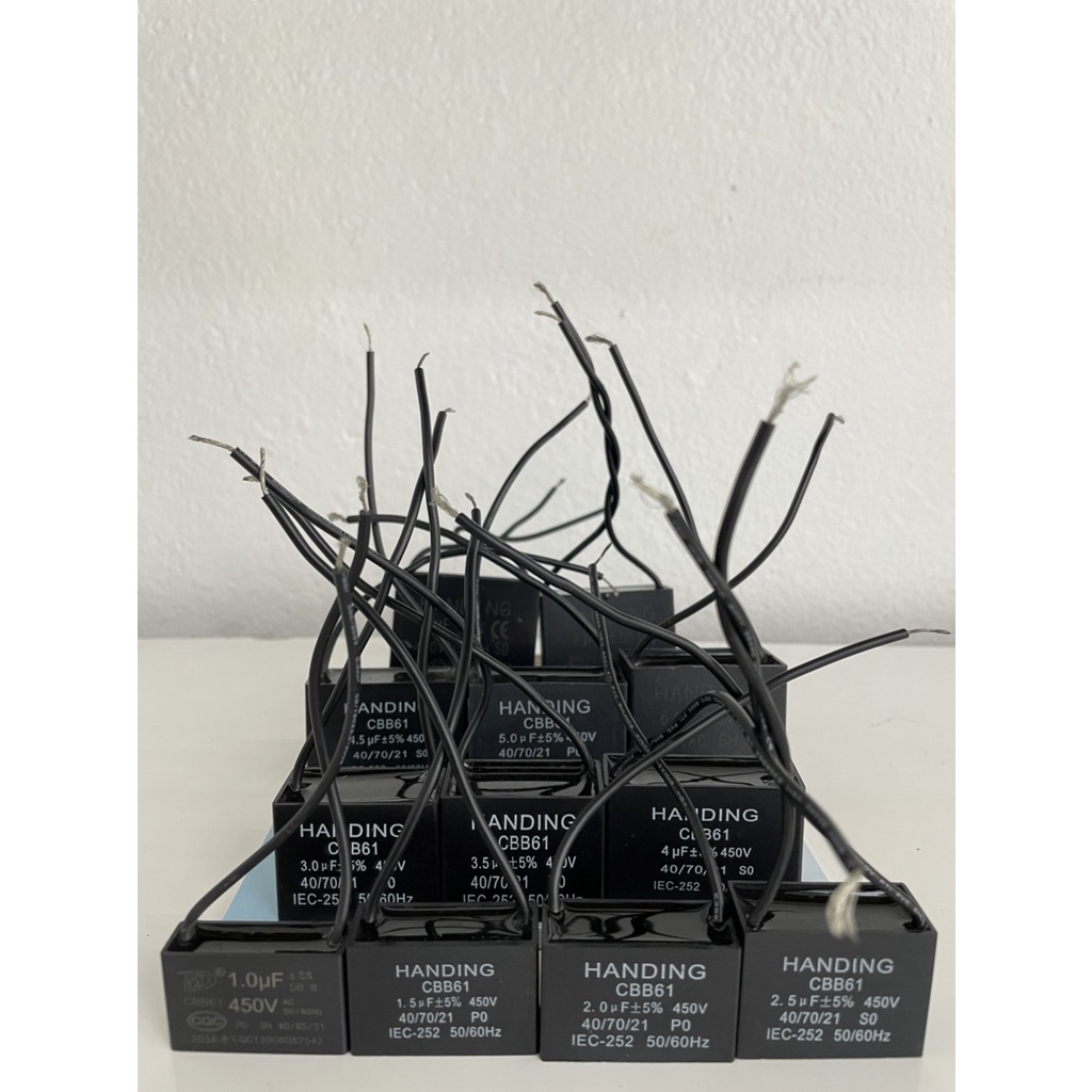 คาปาซิเตอร์ capacitor พัดลม 1uF, 1.5uF, 2uF, 2.5uF, 3uF, 3.5uF, 4uF, 4.5uF, 5uF,  6uF, 7uF, 8uF 450V