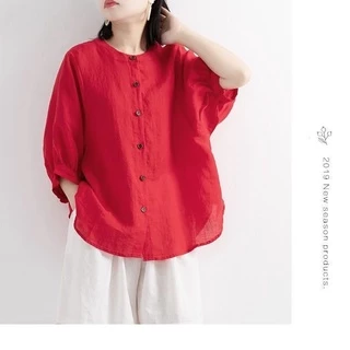 เสื้อเชิ้ตสตรีผ้าฝ้ายและผ้าลินินแขนแลนเทิร์นทรงหลวมขนาดใหญ่ Retro