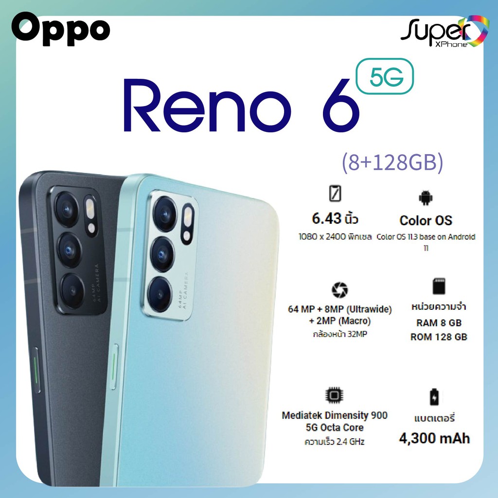 OPPOมือถือ Reno 6 รุ่น(5G)(8 +128GB)ขนาด 6.43 นิ้ว อัตราการรีเฟรชหน้าจอ 90Hz(By Shopee  SuperIphone1234)