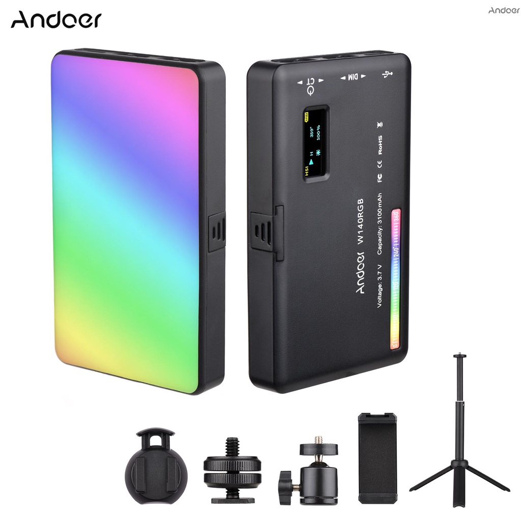 Andoer W140 ชุดไฟวิดีโอ LED RGB CRI95+ 2500K-9000K หรี่แสงได้ 20 เอฟเฟค พร้อมขาตั้งกล้อง หัวบอล สําห