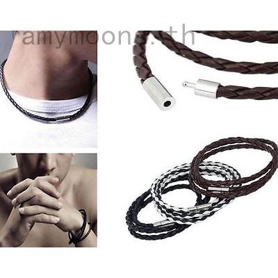 สร้อยข้อมือสายหนังถักทอมือ 2 in 1 สําหรับผู้ชายผู้หญิง unisex 1 ชิ้น