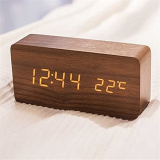 นาฬิกาดิจิตอลไม้ Led Wooden Electronic Alarm Clock Luminous Mute Temperature Dual Display