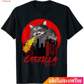 เสื้อยืดผ้าฝ้ายพิมพ์ลายขายดีเสื้อผ้ามีสไตล์TheBeauty ใหม่ แมว น่าสนใจ น่ารัก  Catzilla Funny Cat Monster Japanese Terror