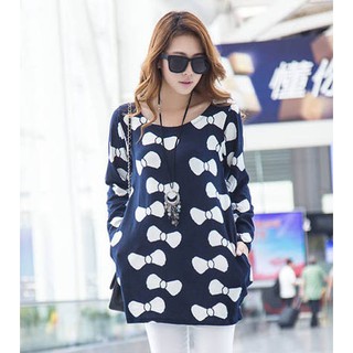 เสื้อแขนยาว ผ้าคอตตอน สีน้ำเงินเข้ม แต่งลายโบว์รอบชุดเสื้อ s485 sweater ชุดแฟชั่นผู้หญิง
