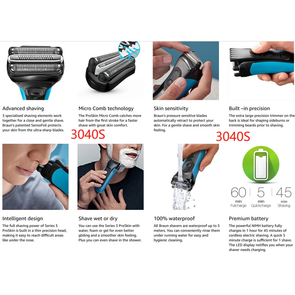 Braun Series 3 ProSkin 3040s เครื่องโกนหนวดไฟฟ้า, มีดโกนไฟฟ้าแบบเปียกและแห้งสําหรับผู้ชายที่มี Pop Up Precision Trimmer ราคา ถูกที่สุด ดีลบีเคเค แกลเลอรีภาพที่ 4
