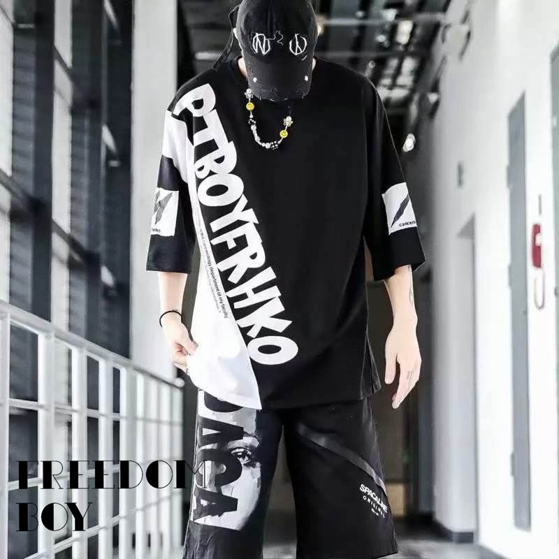 Freedom Boy✨ชุดเซทเสื้อ+กางเกงขาสั้นผู้ชาย แฟชั่นสไตล์เกาหลี