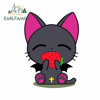 Earlfamily สติกเกอร์ ลาย Demon Cat with Strawberry 13 ซม. x 9.8 ซม. สําหรับติดตกแต่งตู้เย็น เซิร์ฟบอร์ด กระจกหน้ารถ RV