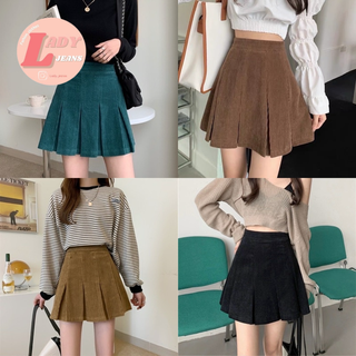 Lady_jeans#286(ใส่โค้ด LADYJS9 ลดทันที 15%)กระโปรงลูกฟูก ผู้หญิง ทรงเทนนิส เอวฟรีไซส์  มีสีเขียว สีกากี สีดำ