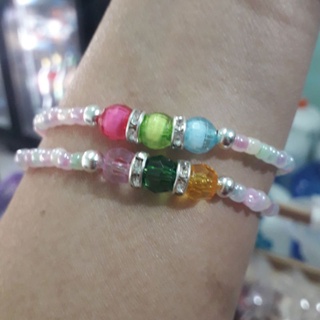 กำไลข้อมือ(ยืดได้) ลูกปัด 4 mm มุก ทับทิม8mm กำไลข้อเท้าขนาด17-20 cm