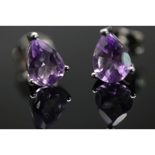 ต่างหูปักก้านเงินแท้925 ฝังพลอยแท้อเมทิสต์ทรงหยดน้ำ (Amethyst) ขนาด 4 × 7 มม. ชุบโรเดียม