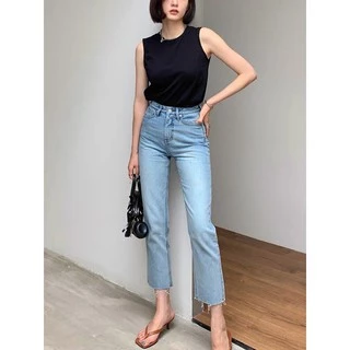 jean Girl 【ผ้ายืด】กางเกงยีนส์ทรงกระบอกเล็ก ผ้ายีนส์ยืด เอวสูง ปลายขาตัด รับประกันเนื้อผ้าอย่างดี
