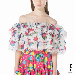 TandT - "ELIZA" Babuchka Llower Printed Ruffle Off-The-Shoulder Crop Top เสื้อคร๊อปสั้นปาดไหล่ รูดชั้นระบาย