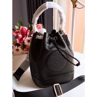 ✨ผ่อน0%แท้100%✨ กระเป๋าสะพาย หนังวัวแท้ทั้งใบ สีดำ  🍃COACH C4100 Dempsey Drawstring Bucket Bag
