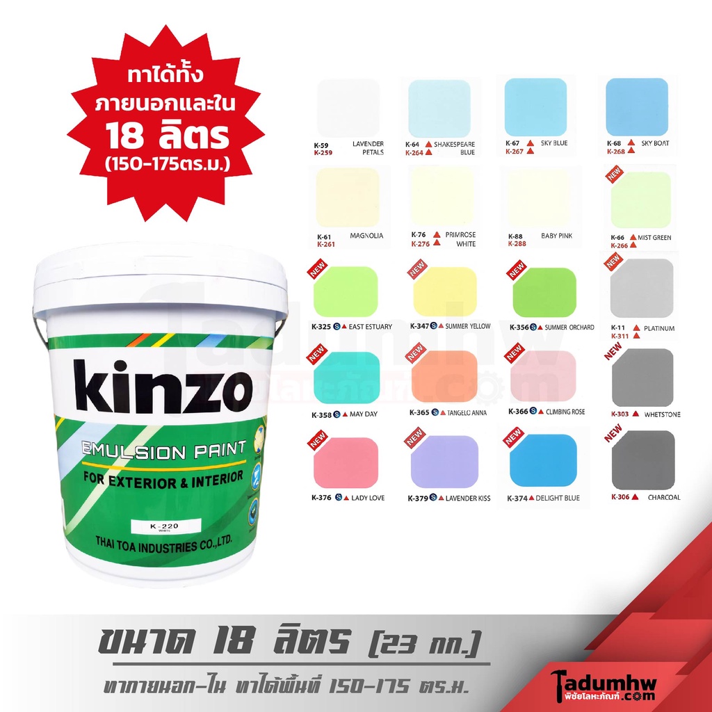 KINZO (18ลิตร) สีน้ำอะคริลิค สีทาบ้าน​ สีทาภายนอก สีทาภายใน ชนิดด้าน ขนาด 5 แกลลอน (23 กก.)