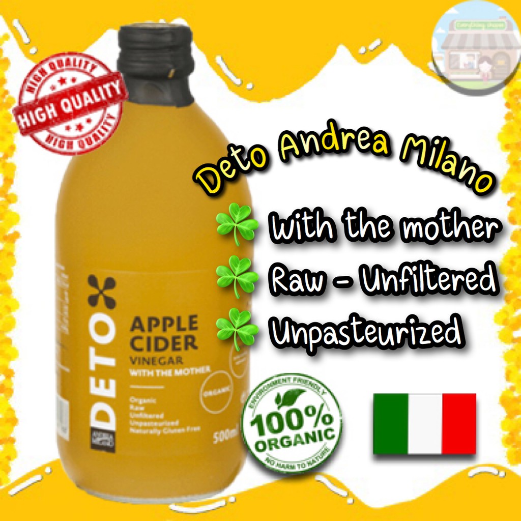 DETO Andrea Milano 500 ml. ACV มีตะกอน น้ำส้มสายชูแอปเปิ้ลออร์แกนิค แอนเดรีย มิลาโน Apple Cider Vinegar Organic