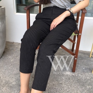 🍪 Straight trousers 🍪 กางเกง 8 ส่วน ขาเต่อยาว ลายผ้าริ้ว ทรงเดฟ ซิปหน้า ตะขอเกี่ยวหน้า  ไม่มีหู