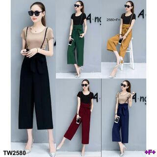 #ส่งฟรี Set 2 ชิ้น เสื้อยืดผ้าคอตแขนสั้น พร้อมเอี้ยมกางเกงเอวสูง