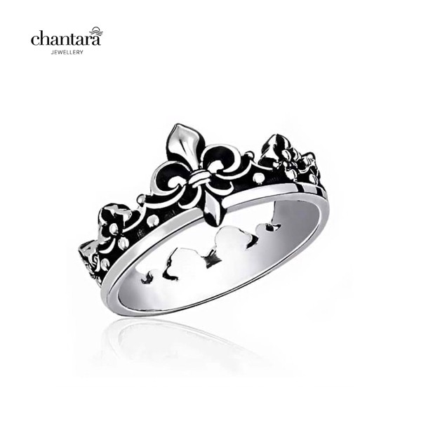 CHANTARA - แหวนมงกุฎ "Crown Ring"  แหวนคู่ แหวนเงิน ตัวเรือนสีเงินรมดำ แถมฟรีผ้าเช็ดเครื่องประดับ
