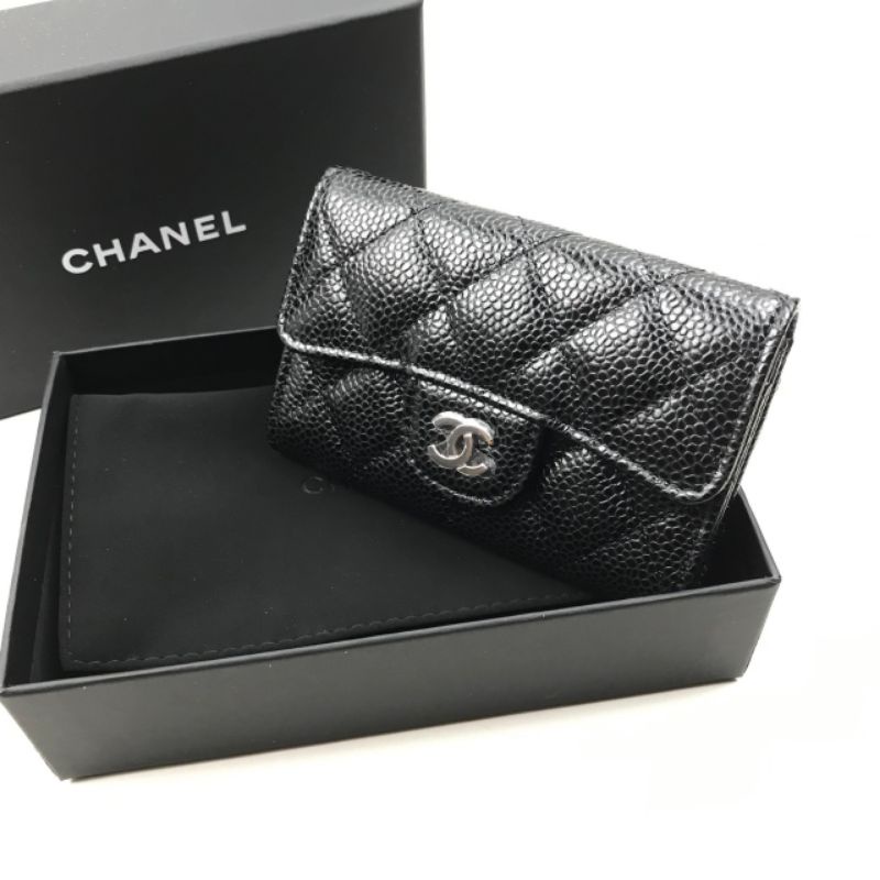 CHANEL Shiny Caviar Quilted Strass CC Flap Card Holder Black 1239677