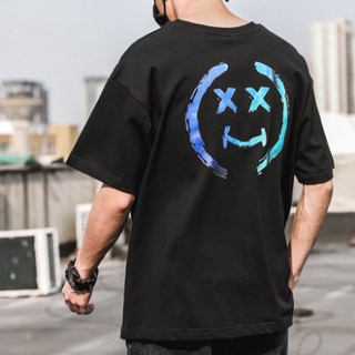 Fashion Oversized Unisex tops Mens Loose Short Sleeve T-shirt Hip Hop Smiley Print  Top Couple Tee