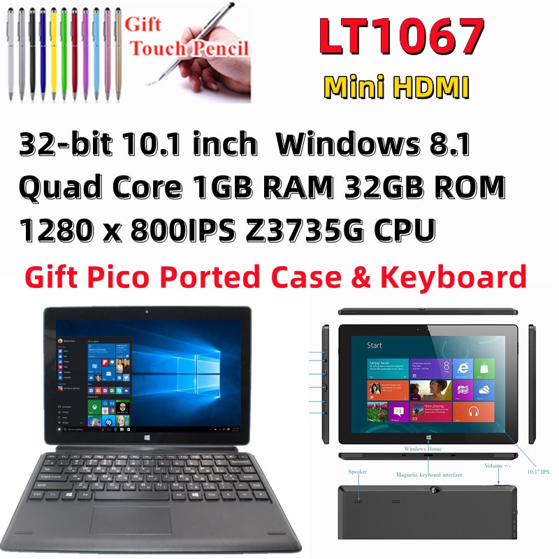 10.1‘’ Windows 8.1 LT1067 Tablet PC With Pico Ported Case & Keyboard Z3735G CPU Quad Core 1+32GB 128