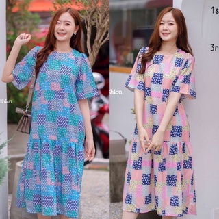 Maxi dress เดรสลายดอกไม้ กราฟฟิก แขนสั้น เดรสกระโปรง เดรสน่ารัก เดรสลายโบฮีเมียน งานป้าย