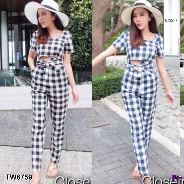 TW6759 จั้มสูทลายสก็อต คอเหลี่ยม มีสายผูกโบว์ สอบถามก่อนสั่งซื้อ jumpsuit527