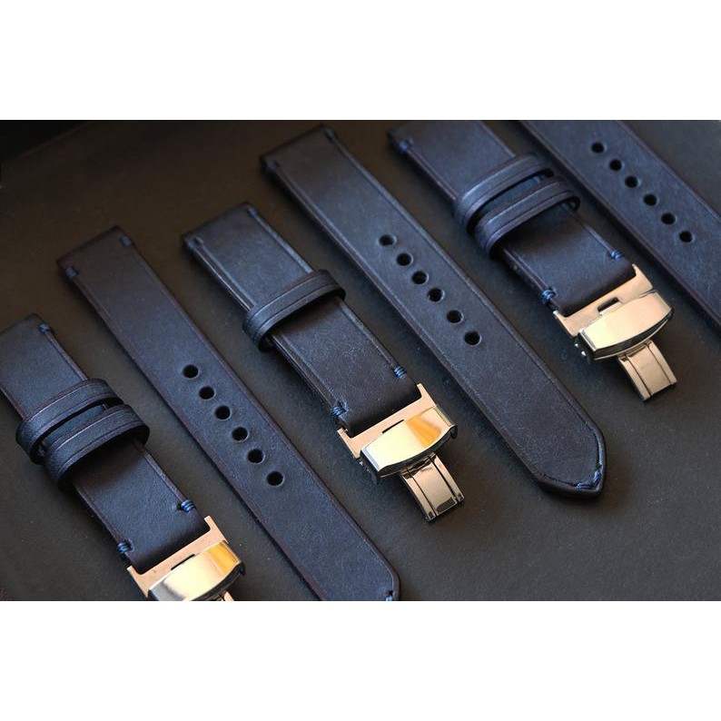 สายนาฬิกาหนังแท้  Navy blue color  "John wick " Butterfly buckle 18mm 20mm 22mm Handmade 100% watch 