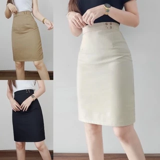 🔥Hot🔥 กระโปรงทำงาน รุ่นแต่งขอบ กระดุมลายไม้ กระโปรงแฟชั่นทรงเอเอวสูง