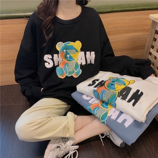 Korean Women Fashion Cartoon Bear Print Loose Oversize Long Sleeve Sweater เสอื้ ไหมพรม