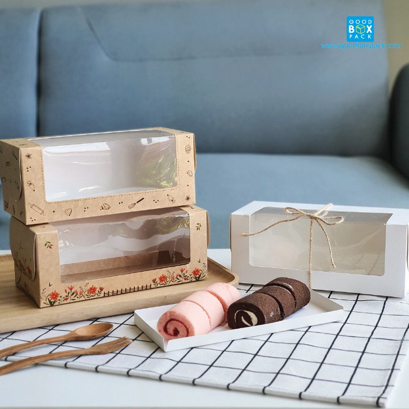 Goodboxpack (แพ็คละ10ใบ)กล่องแยมโรล เเถมฐานรอง เจาะหน้าต่างกว้าง ขนาด10x22x9ซม.