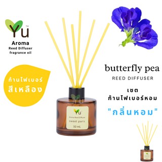 ก้านไม้หอม ไฟเบอร์สีเหลือง 50 ml. กลิ่น Butterfly Pea : กลิ่นดอกอัญชัน กลิ่นหอมสะอาด  ให้กลิ่นหอมอ่อนๆ