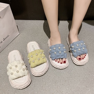 💕พร้อมส่ง💕รองเท้าส้นตึก ประดับด้วยไข่มุกสูง3cm. Size 35-40💕🌈 รองเท้าแตะรองเท้าแพลตฟอร์มแฟชั่นสตรี