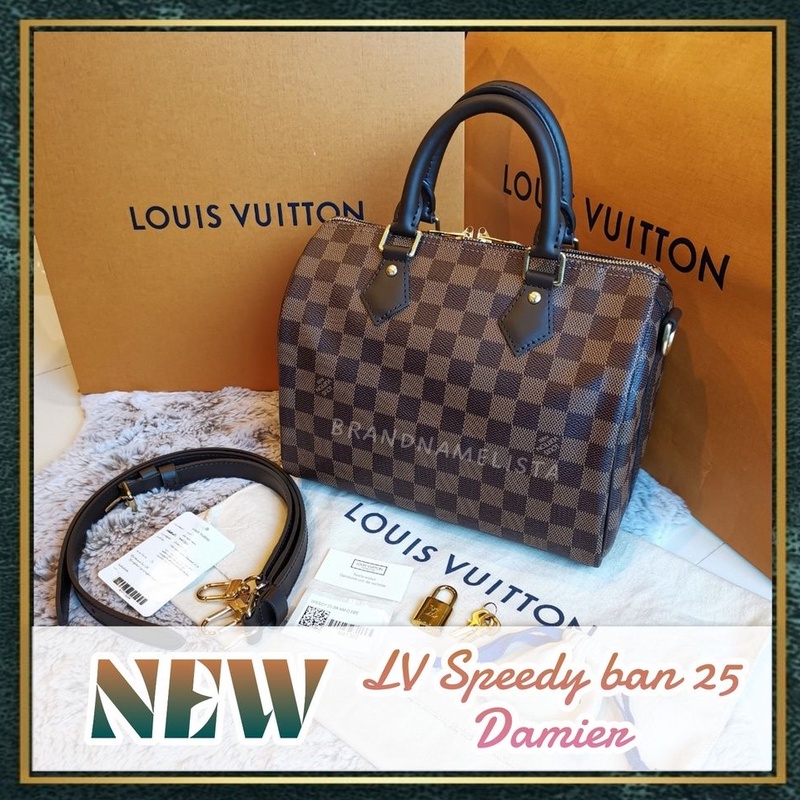 [สอบถามก่อนกดซื้อ]​ แท้​ 💯 New LV Speedy Ban 25 Damier bag ฝังชิพ ลายตาราง ด้านในสีแดง