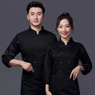 (M-5XL)เสื้อเชฟแขนยาวสีดำ มีกระเป๋าหน้าอก แต่งกระดุมคู่ตะเข็บด้านหน้า ผ้าใส่สบาย ไม่ร้อน #9700
