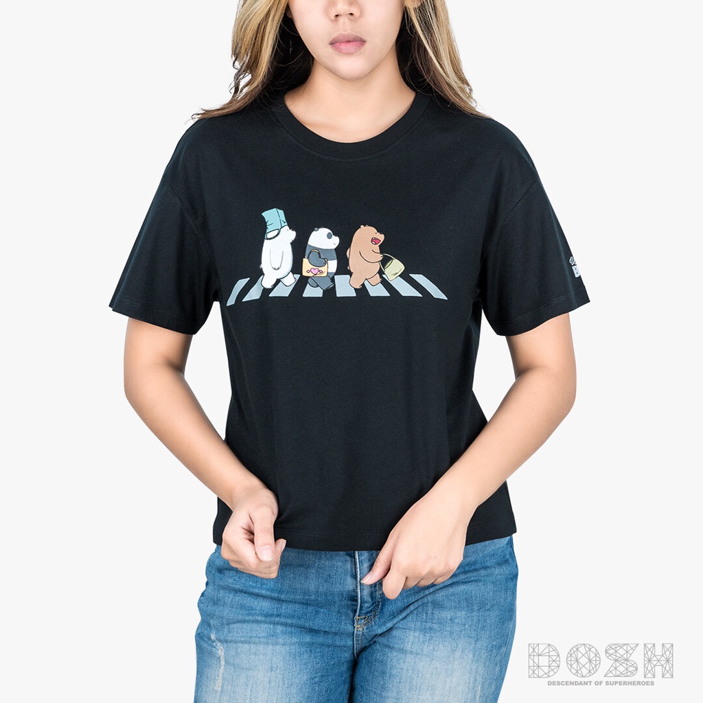 DOSH:WOMEN'S T-SHIRTเสื้อยืด คอกลม แขนสั้น สีดำ ลิขสิทธิ์แท้ WE BARE BEARS รุ่น PWBBWT1001-BLเสื้อยื