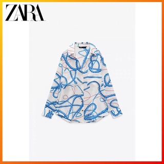 Zara เสื้อเชิ้ตแขนยาว พิมพ์ลาย สไตล์วินเทจ สีกรมท่า แฟชั่นฤดูใบไม้ผลิ สําหรับผู้หญิง