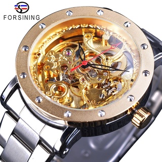 Forsining Fashion Transparent Royal Golden Open Work Skeleton Wristwatch Men Top Brand Luxury Silver Steel Mechanical Ma