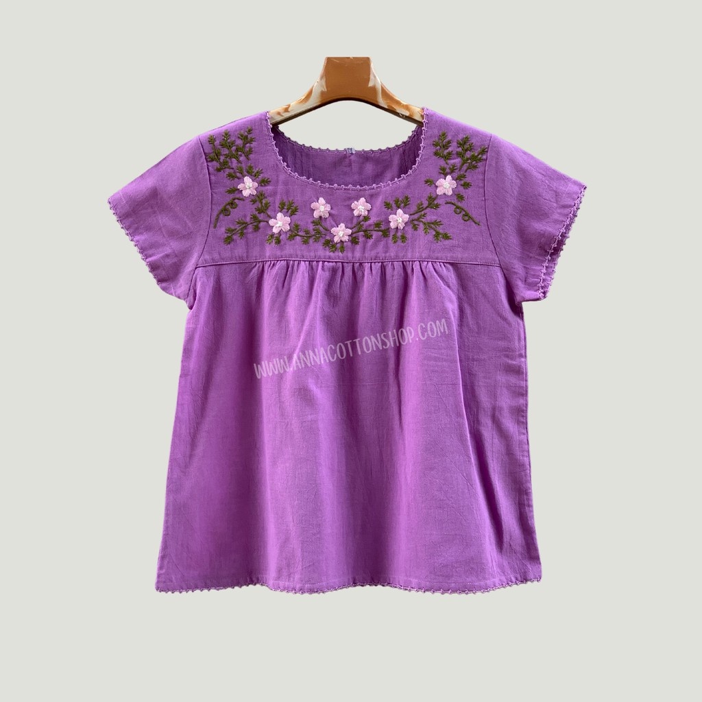 เสื้อผ้าฝ้ายผู้หญิง สวมใส่ง่ายสบายๆ งานปักมือน่ารัก งานถักโครเชต์ คอยูแขนสั้นใส่ทำสวน ปลูกดอกปลูกต้นไม้เข้าครัว รูปที่ 3