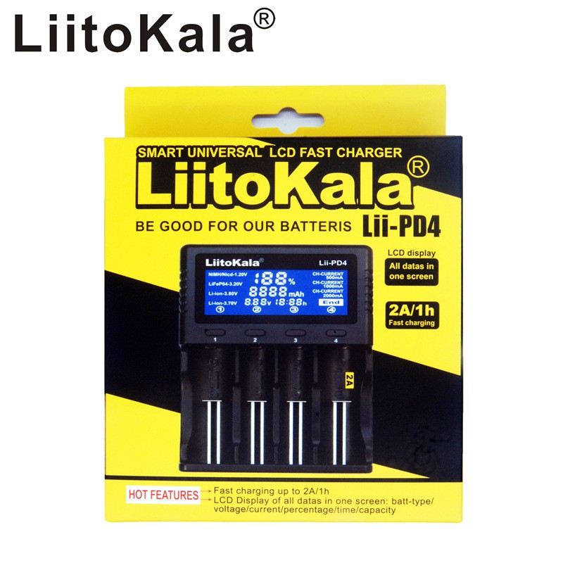 เครื่องชาร์จถ่าน LiitoKala Lii-PD4 1.2 มีสายพาวเวอร์พร้อม ชาร์จได้ 4 ก้อน รองรับ 26650，21700，20700, 18650, 18490, 18350