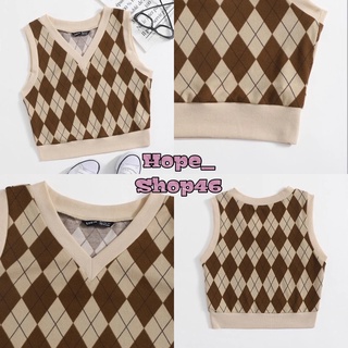 SHEIN พร้อมส่ง 🥞 เสื้อกั๊ก/ครอป คอวีแขนกุด  ลายข้าวหลามตัด แบบสวม มีไซส์สาวอวบXL.(K013)