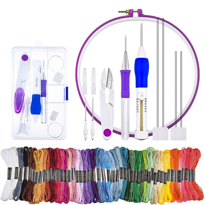 ☆Embroidery Pen Tool Set Stitching Hoop Punch Needles With 50 Embroidery Threads