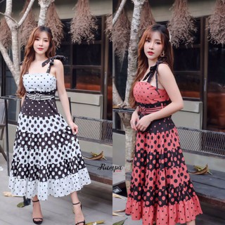 Rumpa Brand:: Dressสายเดี่ยวตัวยาวผูกโบว์ที่ไหล่ พิมพ์ลายจุดทั้งชุด มาพร้อมเข็มขัดเข้าเซ็ต