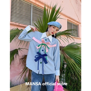 MANSA Korean style blue bow shirt เสื้อโอเวอร์ไซส์ผู้หญิง เสื้อผ้าแฟชั่นผู้หญิง เสื้อเชิ้ต