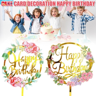 Gold Acrylic Cake Topper with Flower Design Happy Birthday Cake Decoration Supplies for Kid Adult