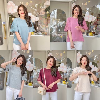 Miss​ manta เสื้อยืดสีพื้น ตัดต่อแต่งผ้าลูกไม้​ #1582 CARDIGAN_NISTA​